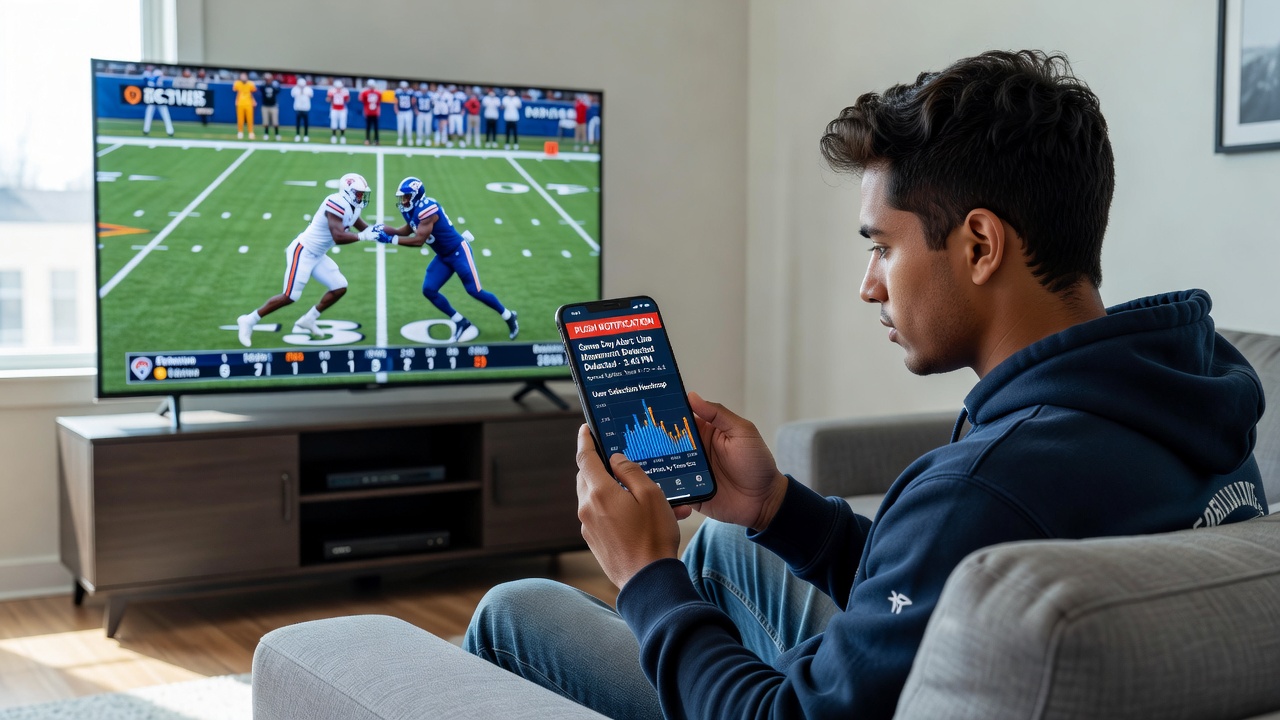 College football fans checking betting apps during a game day with notifications visible on screens