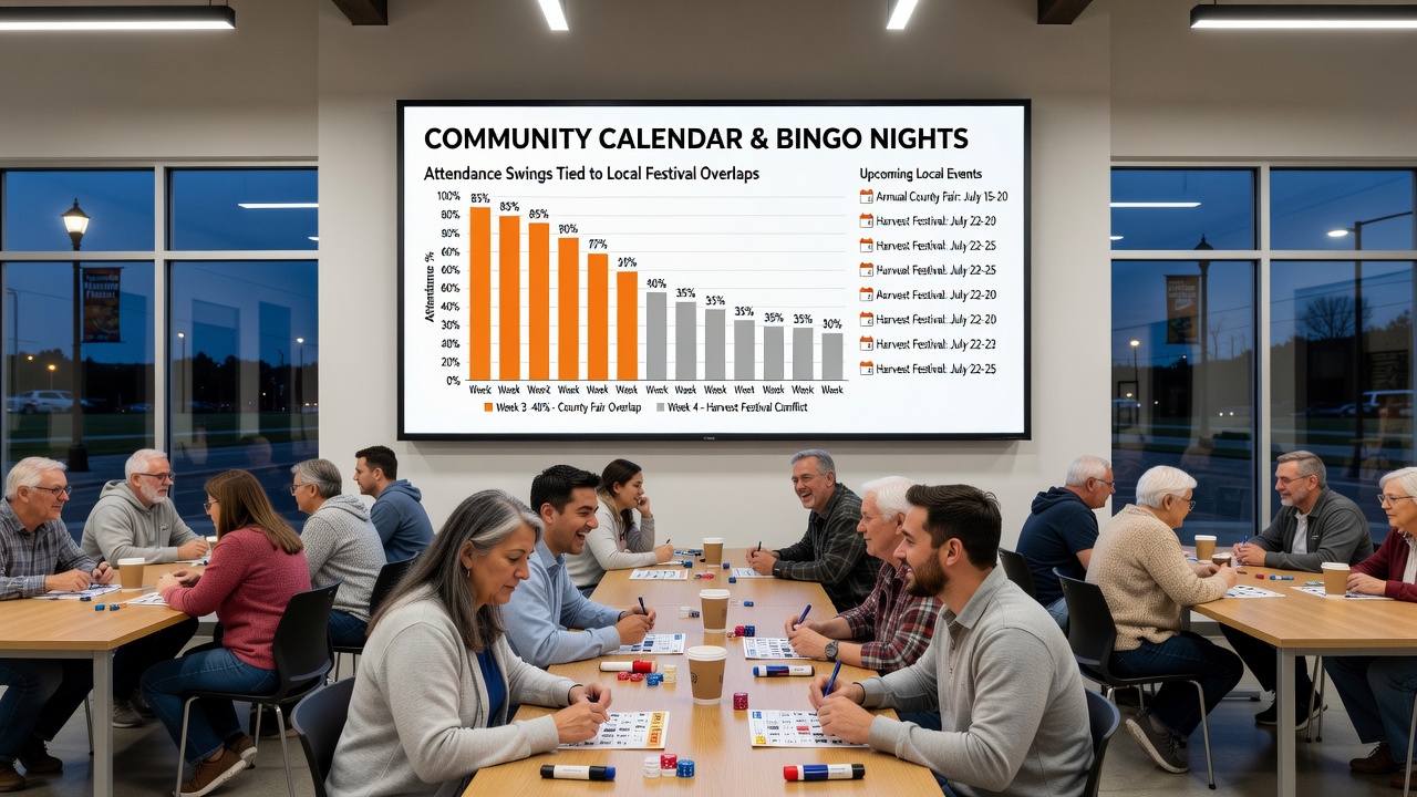 Community calendar board showing overlapping bingo and festival dates