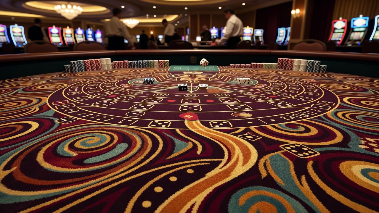 Close-up view of intricate swirling casino carpet patterns in a Las Vegas craps area with dice tables visible in the background