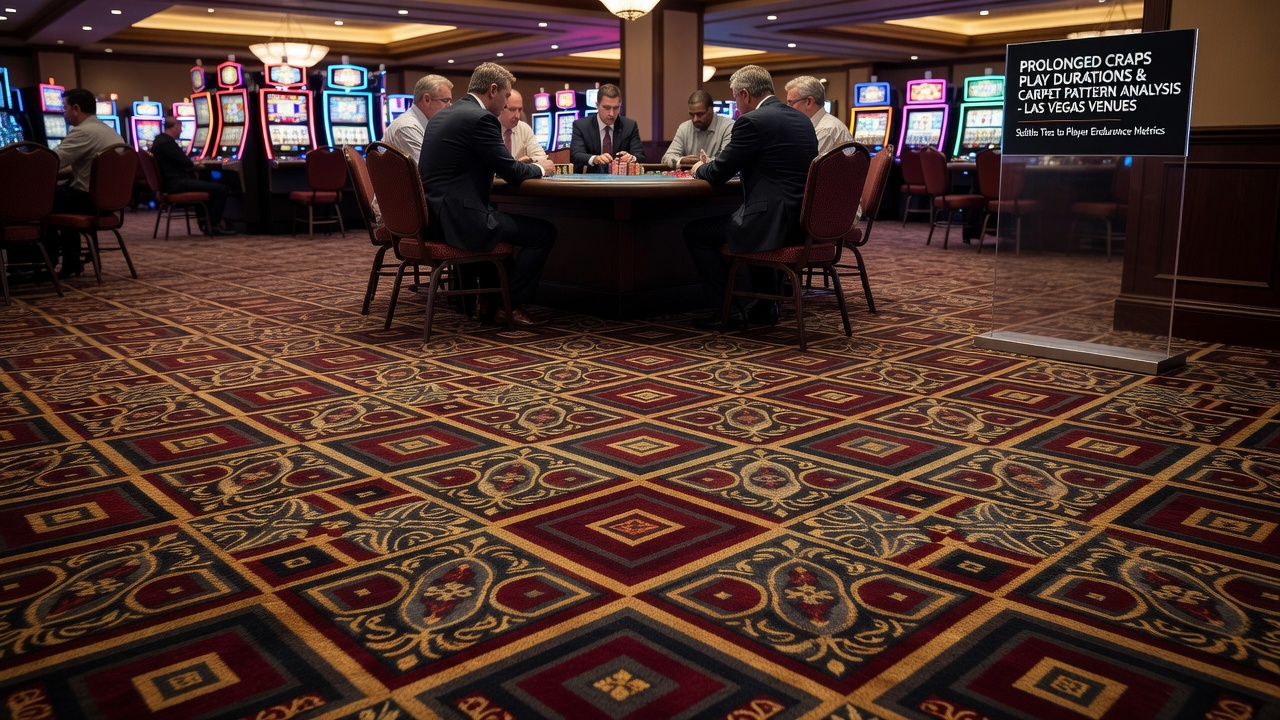 Wide shot of a busy Las Vegas craps pit showing how carpet patterns extend under and around multiple gaming tables