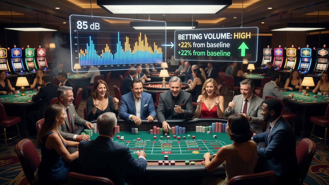 Close-up view of a craps table layout with chips and dice under evening casino lighting