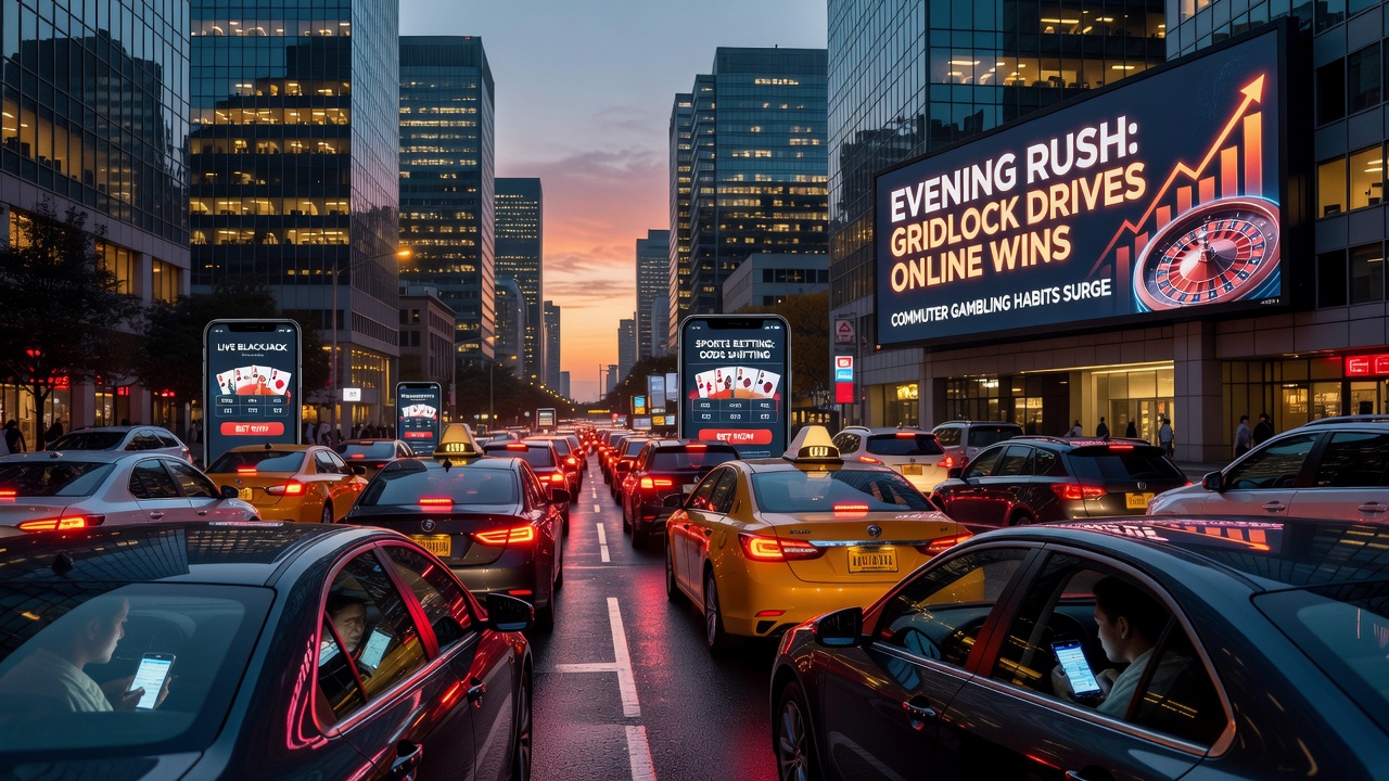 Mobile gambling interface displayed on smartphone inside a vehicle stuck in traffic