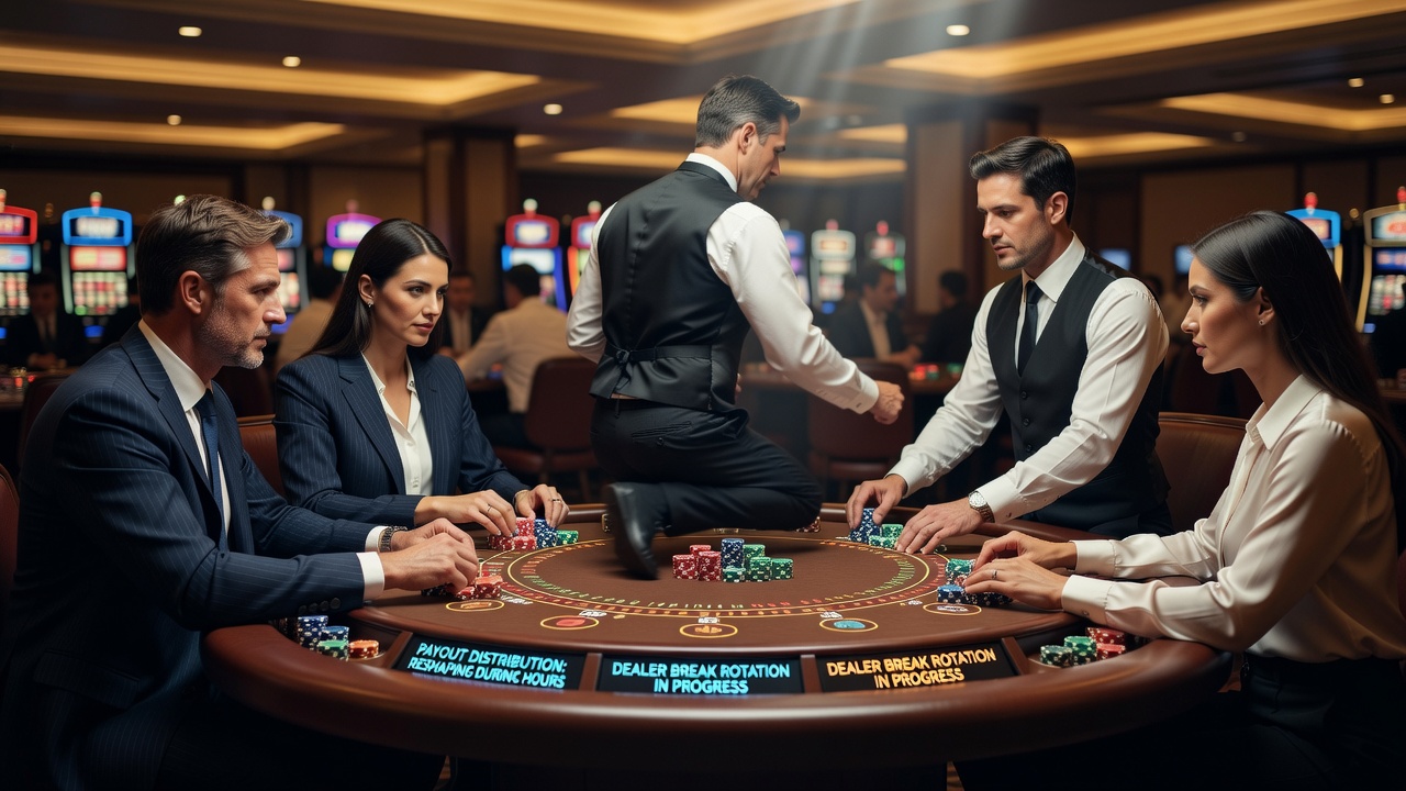 Busy blackjack tables showing dealer rotations during evening peak hours at a major casino floor