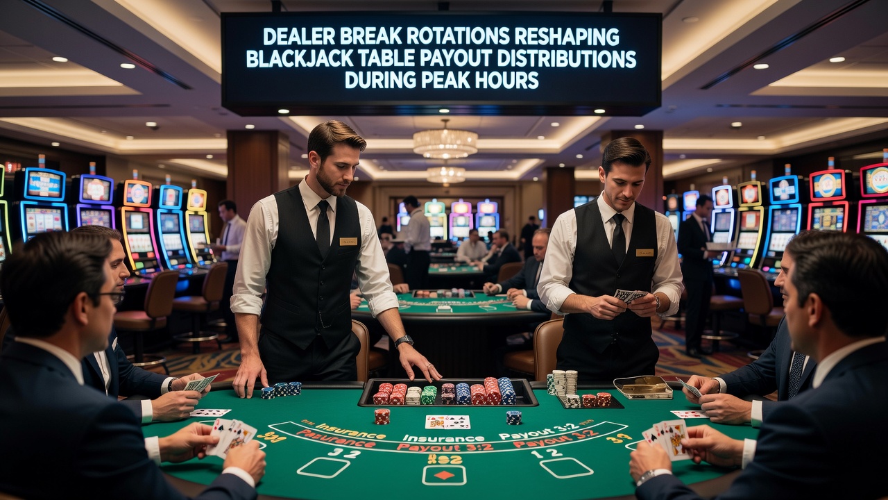 Close-up view of blackjack dealer exchanging positions with relief staff amid crowded casino tables
