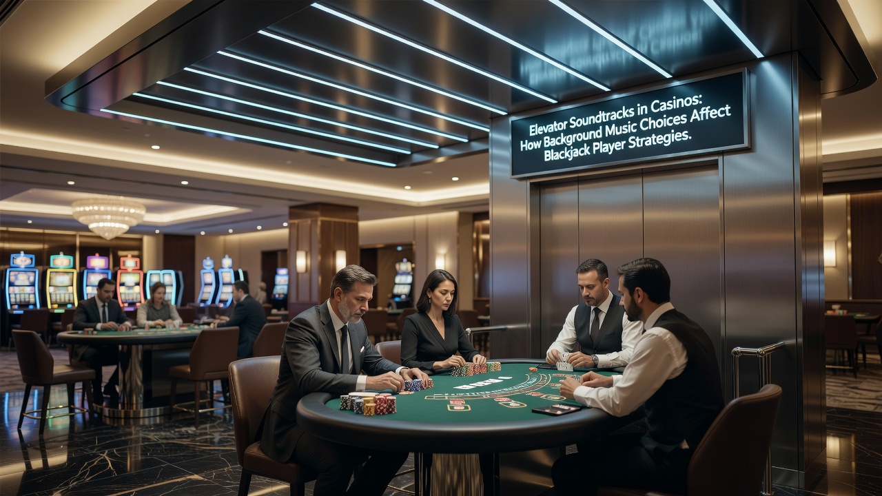 Blackjack table with players making decisions under soft overhead lighting and distant background music