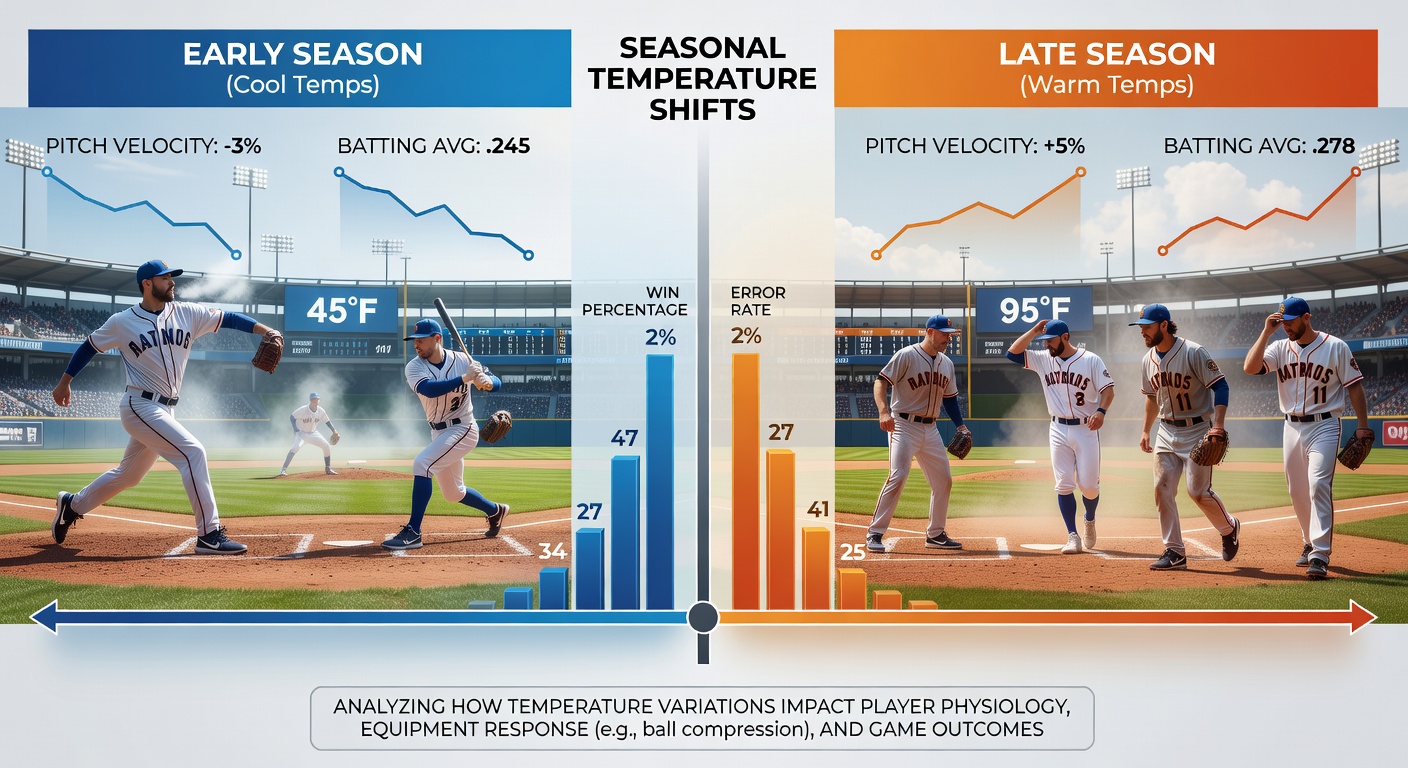 Chart and graph overlays on a baseball stadium scene illustrating temperature data correlations with scoring trends