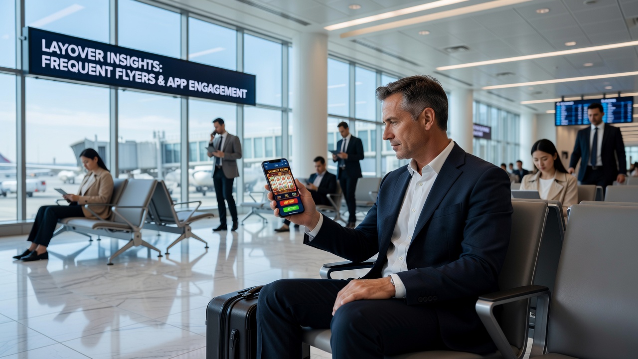 Busy airport terminal with travelers using mobile devices during layovers