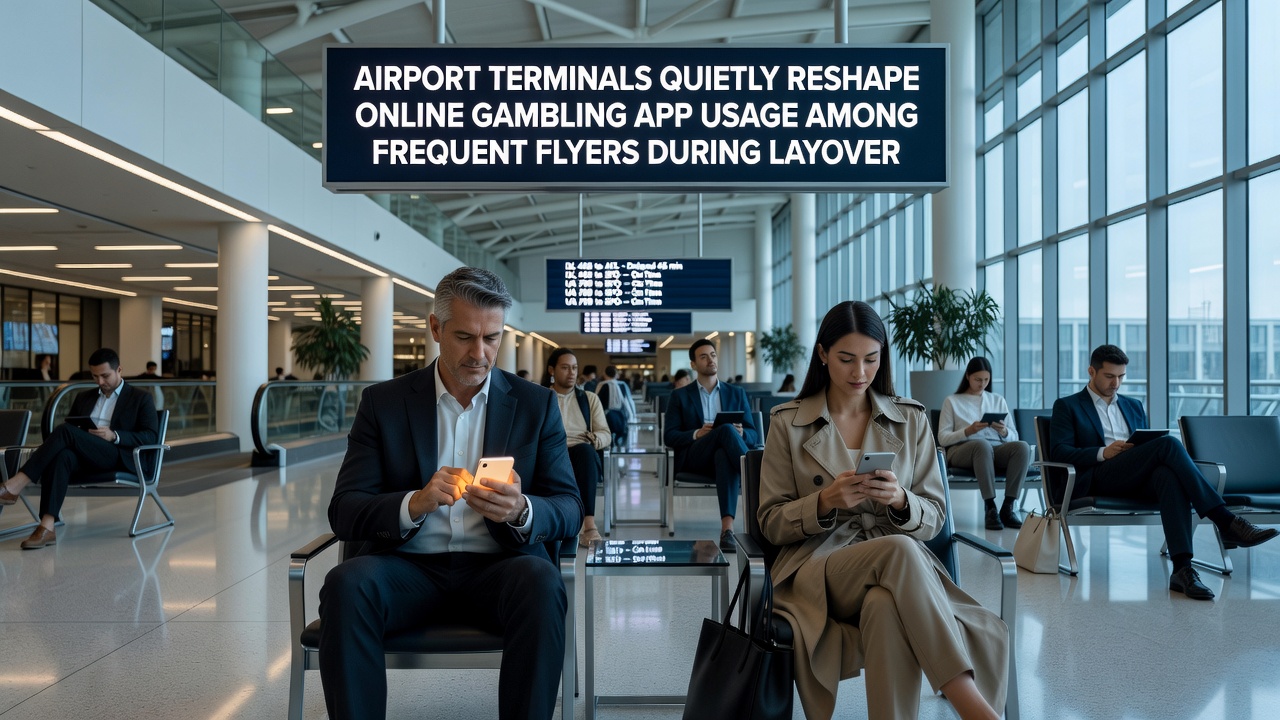 Travelers checking mobile phones near airport gates with betting apps visible