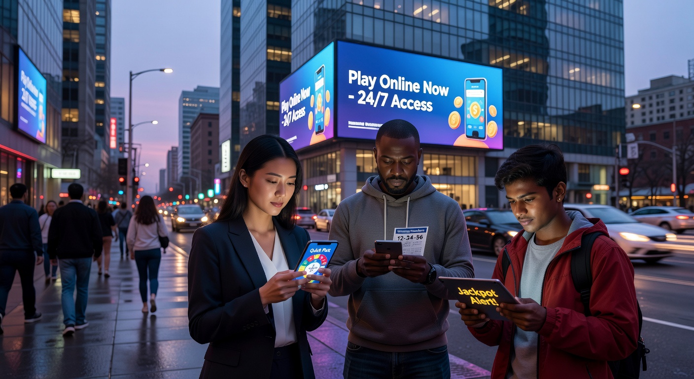 Urban residents using mobile apps to purchase lottery tickets in a crowded city setting
