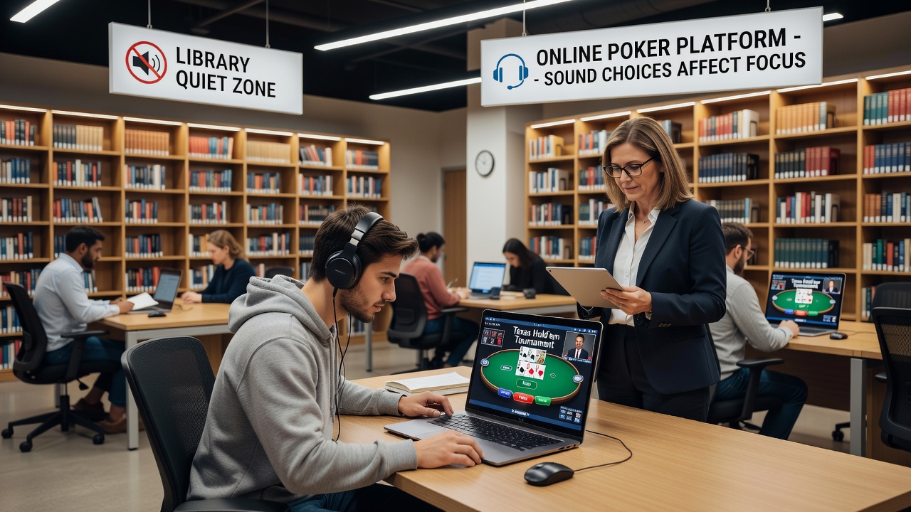 Close-up of online poker software audio settings menu during active tournament play