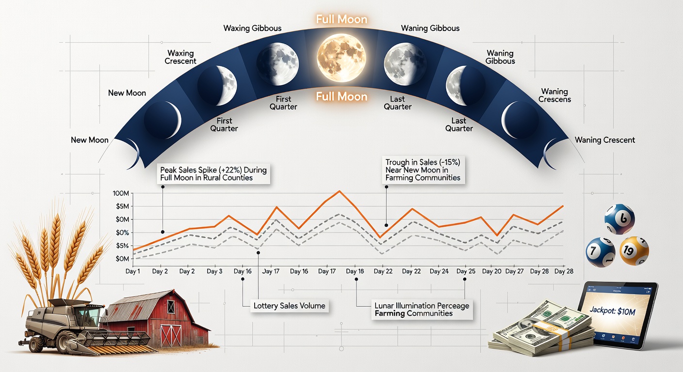 Graph displaying monthly lottery sales alongside moon phase indicators in selected agricultural zones