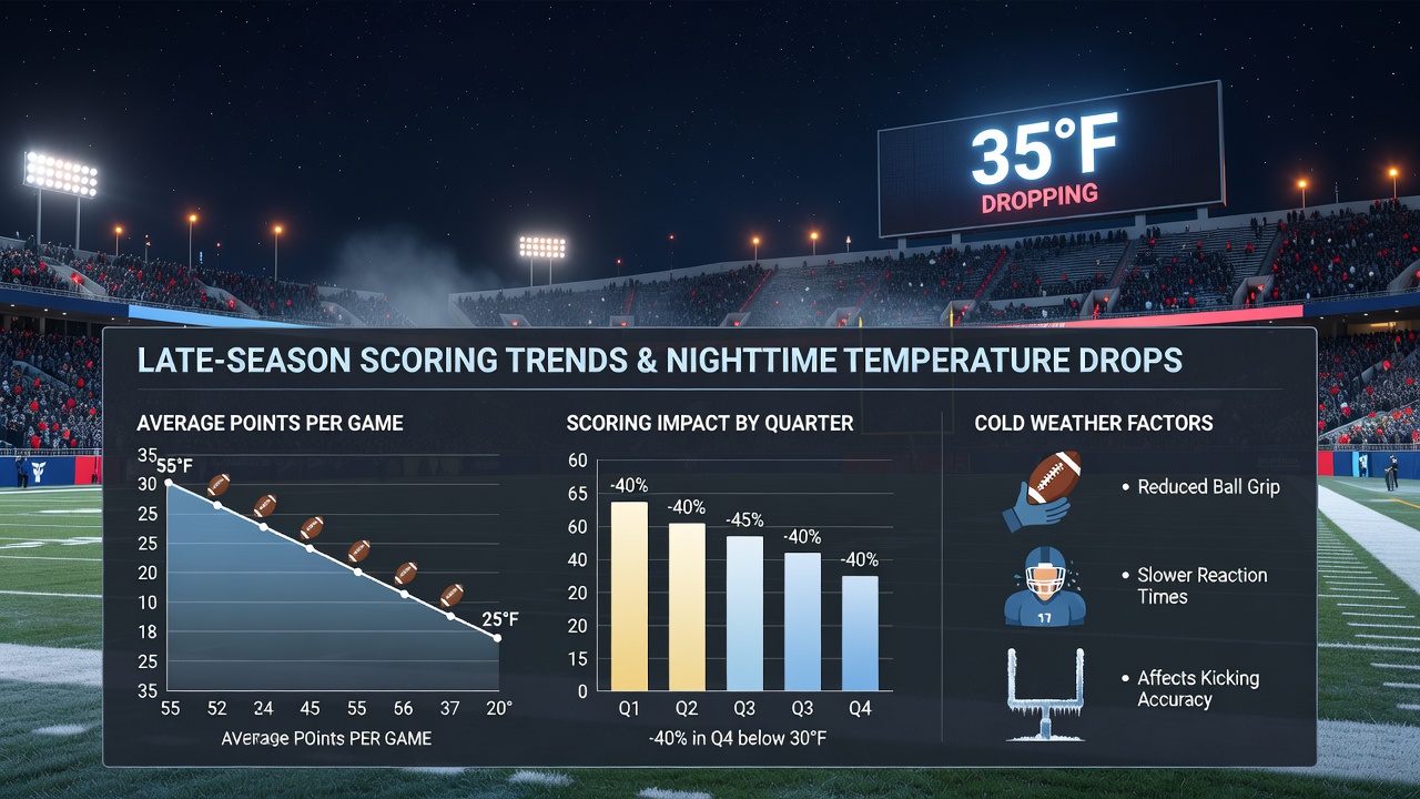 Close-up of football players huddling on a chilly field at night with steam rising from their helmets