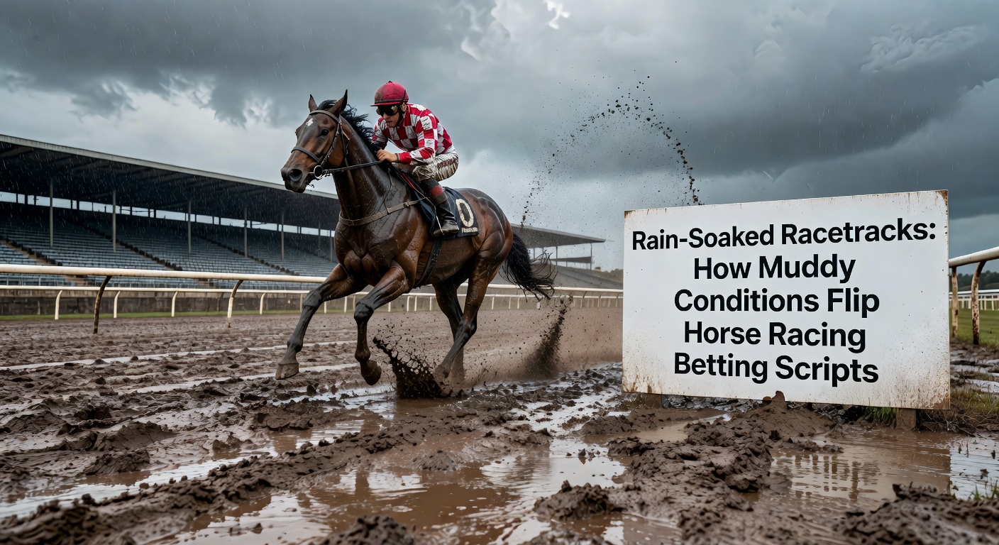 A horse galloping through deep mud on a rain-drenched racetrack, splashing water high as jockey urges it forward under gray skies