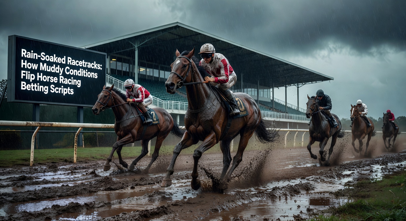 Jockeys and horses navigating a waterlogged track during a fierce rainstorm, with puddles and spray emphasizing the challenging conditions