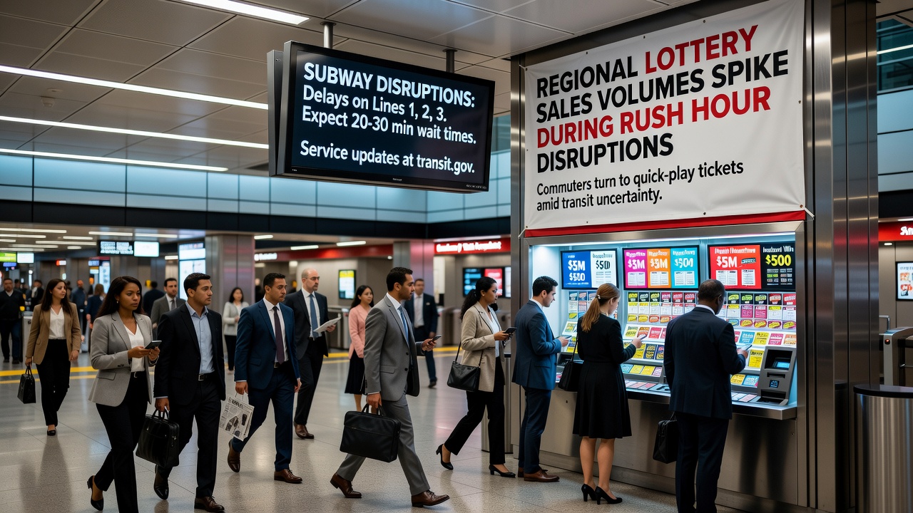Retail lottery terminal inside a transit station with commuters in the background