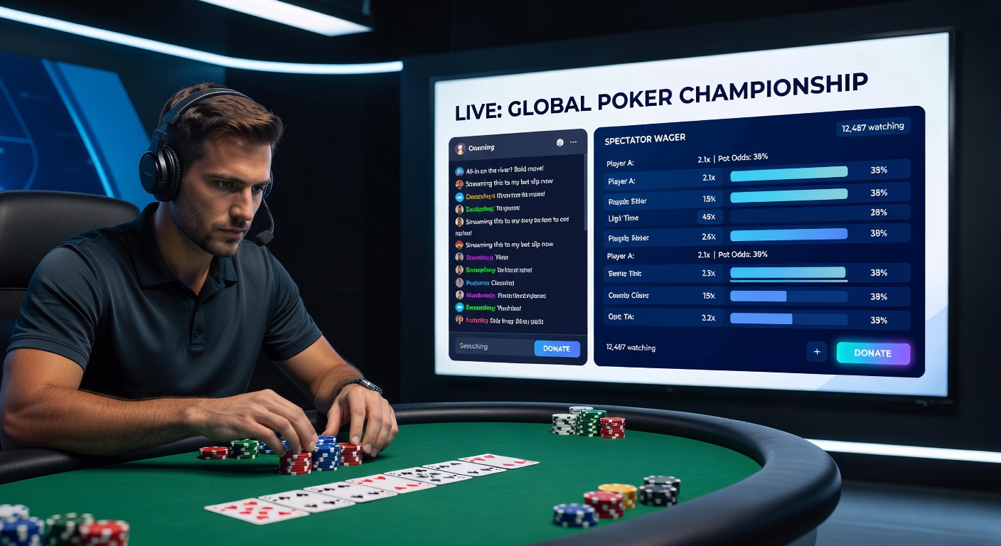 Spectators viewing live poker stream with integrated real-time betting interfaces and chat activity