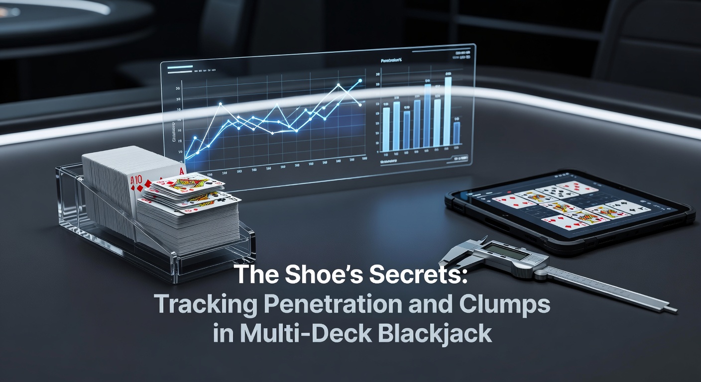 A blackjack dealer pulling cards from a multi-deck shoe at a bustling casino table, highlighting the mechanics of penetration and card distribution