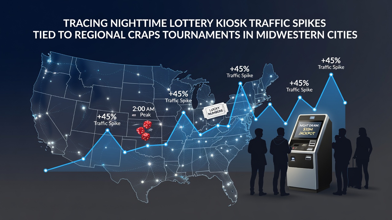 Nighttime view of a busy lottery kiosk in a Midwestern city with crowds near a casino hosting a craps tournament