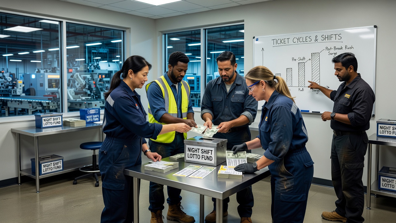 Night shift workers in an industrial zone discussing lottery tickets during a break