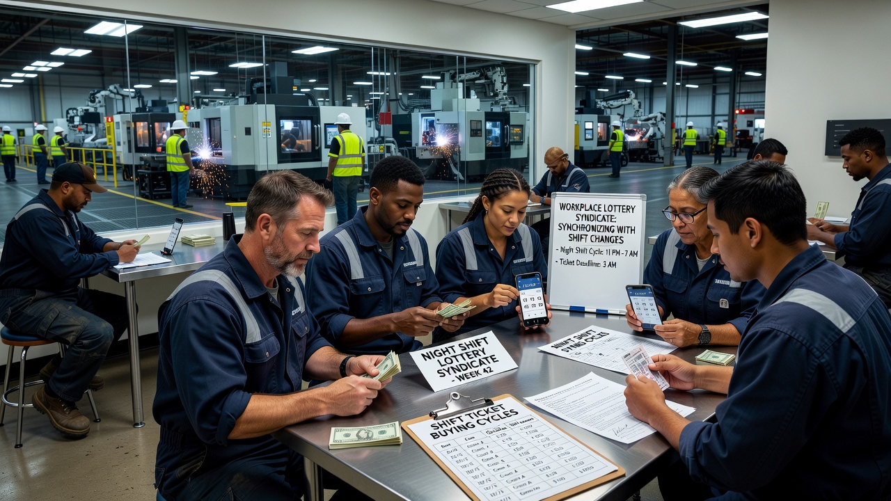 Industrial night shift crew reviewing lottery numbers on a tablet during break time